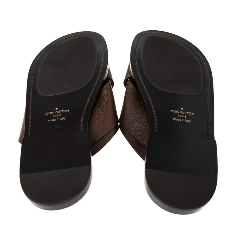 Pre Owned Louis Vuitton Brown Leather Foch Cross Strap Flat Slides Size 44