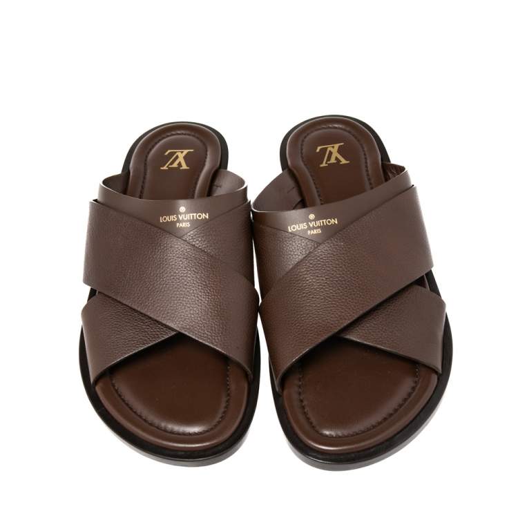 Pre Owned Louis Vuitton Brown Leather Foch Cross Strap Flat Slides Size 44