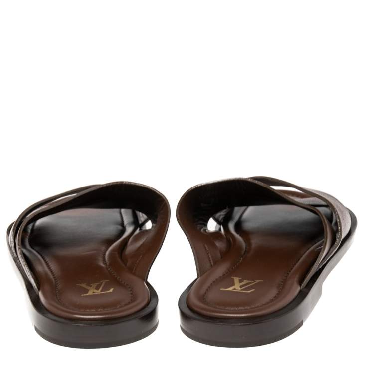 Pre Owned Louis Vuitton Brown Leather Foch Cross Strap Flat Slides Size 44