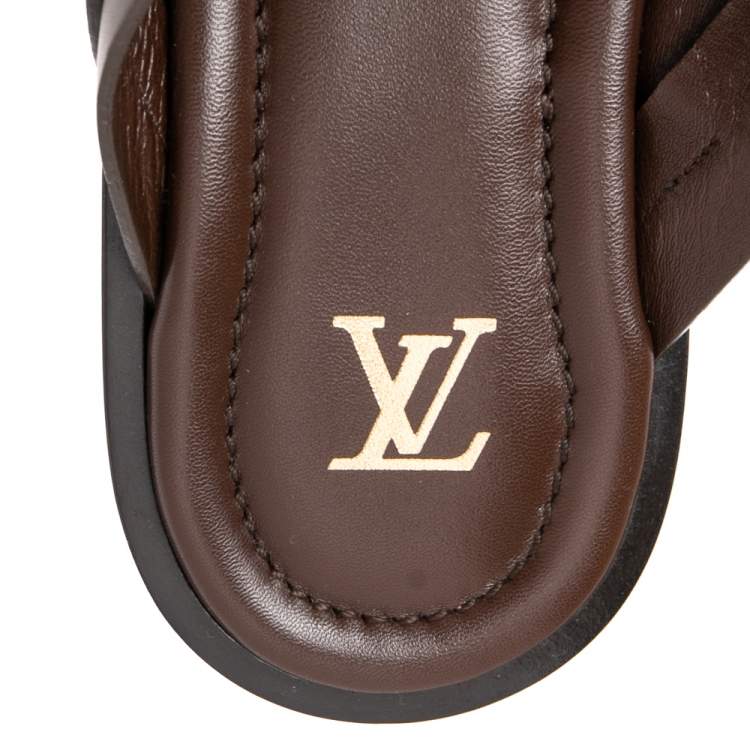Pre Owned Louis Vuitton Brown Leather Foch Cross Strap Flat Slides Size 44
