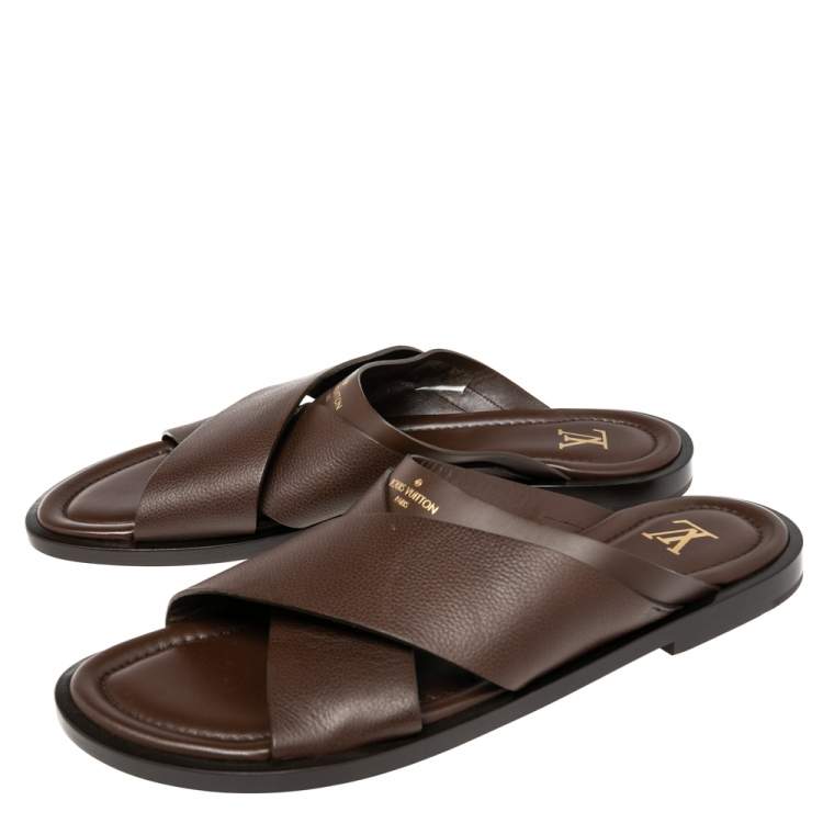 Pre Owned Louis Vuitton Brown Leather Foch Cross Strap Flat Slides Size 44