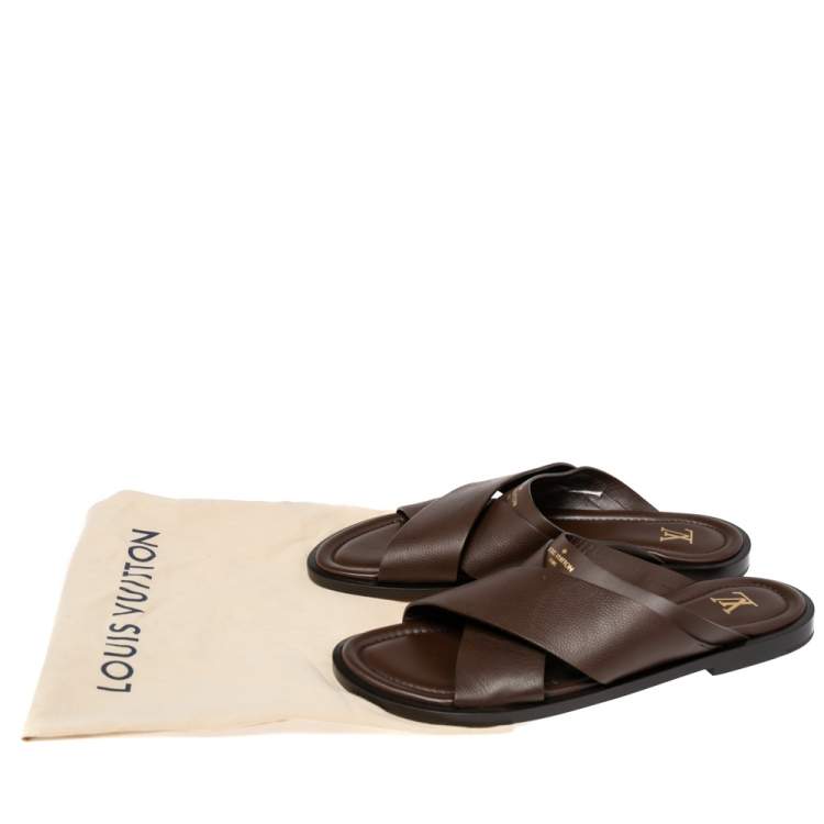 Pre Owned Louis Vuitton Brown Leather Foch Cross Strap Flat Slides Size 44