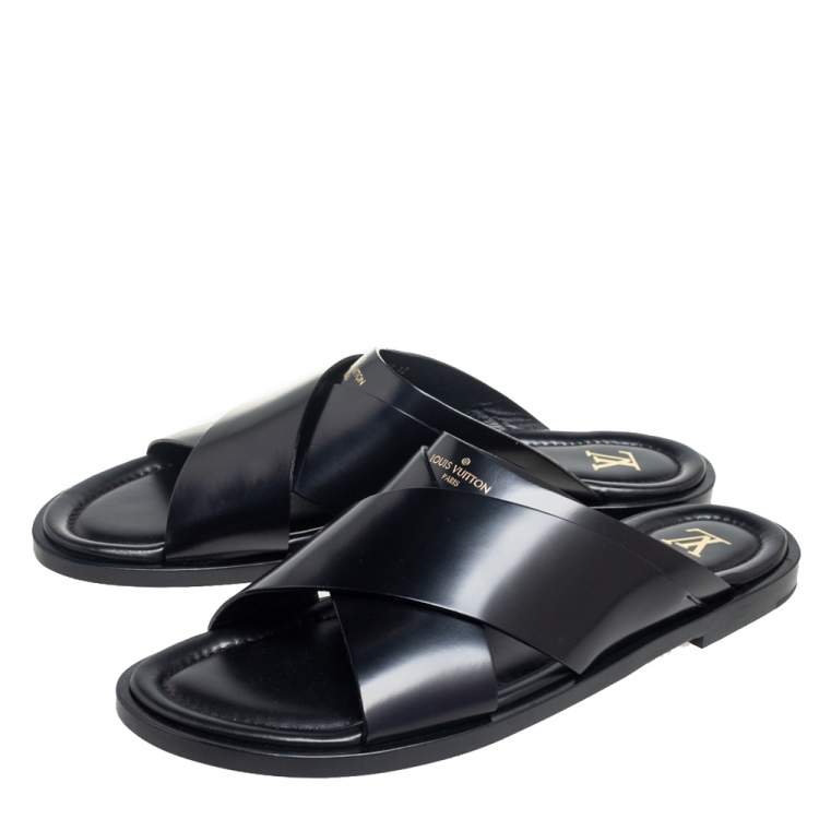 Pre Owned Louis Vuitton Black Glossy Leather Foch Mules Size 46