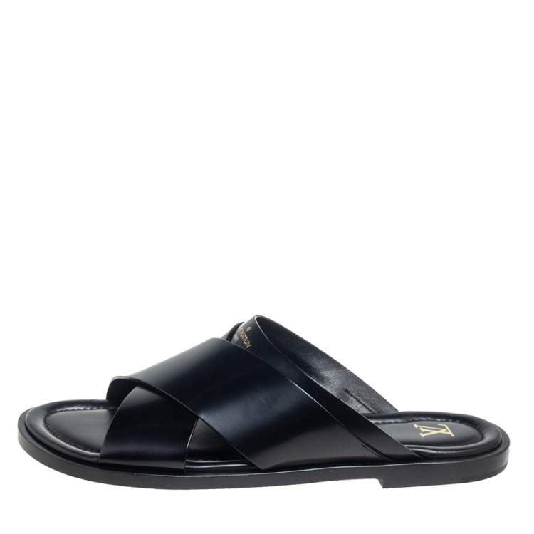 Pre Owned Louis Vuitton Black Glossy Leather Foch Mules Size 46