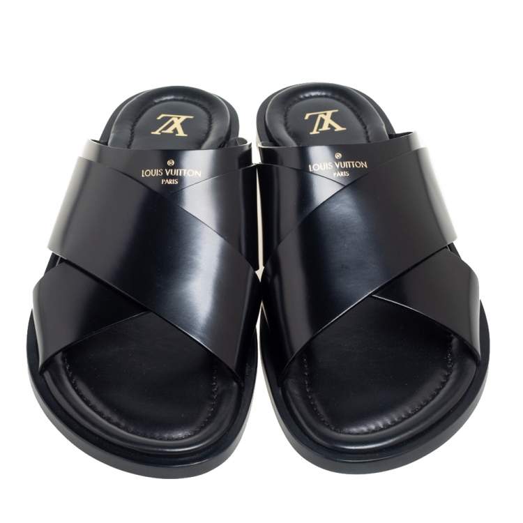 Pre Owned Louis Vuitton Black Glossy Leather Foch Mules Size 46