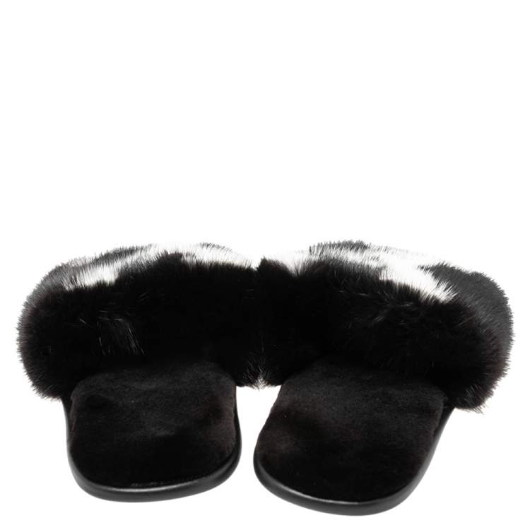 Pre Owned Louis Vuitton Black/White Mink Fur Homey Flat Mules Size 42