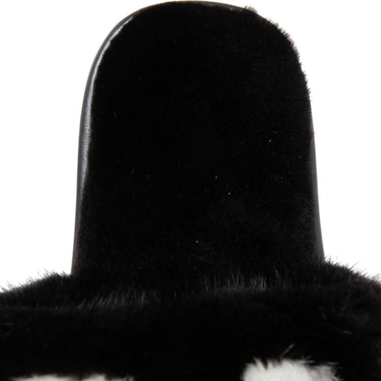 Pre Owned Louis Vuitton Black/White Mink Fur Homey Flat Mules Size 42