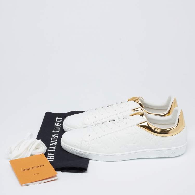 Pre Owned Louis Vuitton White/Gold Monogram Leather Luxembourg Sneakers Size 42.5