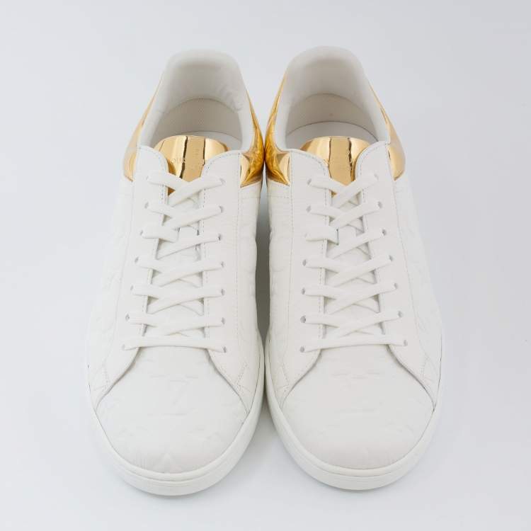 Pre Owned Louis Vuitton White/Gold Monogram Leather Luxembourg Sneakers Size 42.5