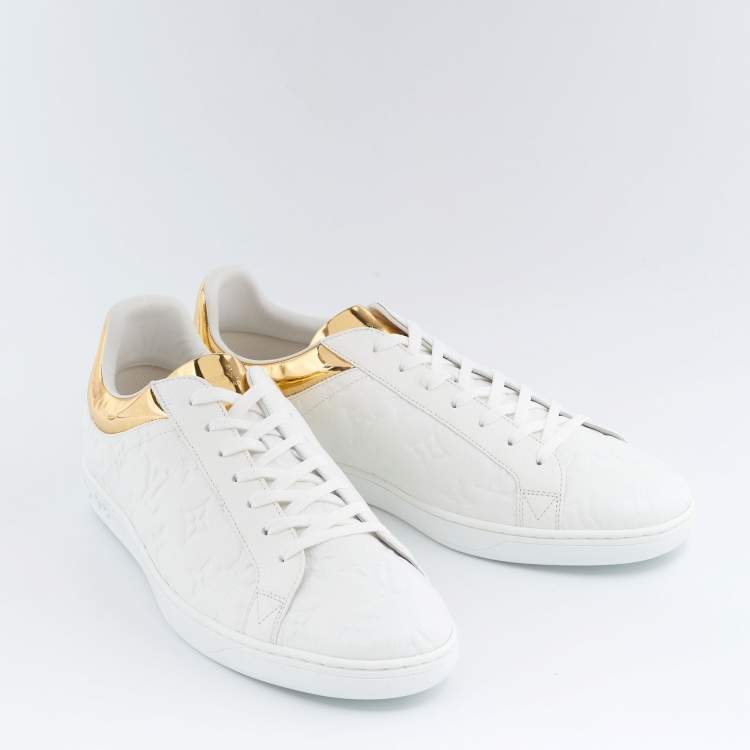 Pre Owned Louis Vuitton White/Gold Monogram Leather Luxembourg Sneakers Size 42.5