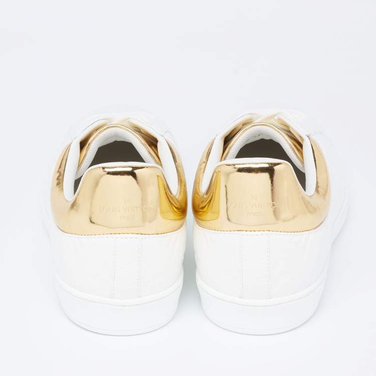 Pre Owned Louis Vuitton White/Gold Monogram Leather Luxembourg Sneakers Size 42.5