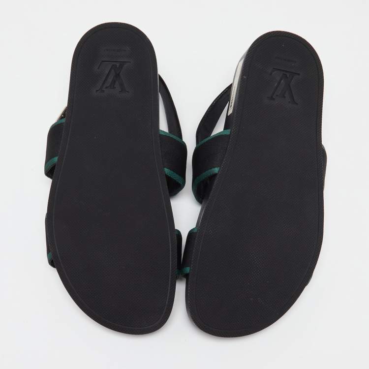 Pre Owned Louis Vuitton Black/Green Leather and Canvas Mirabeau Flat Sandals Size 41