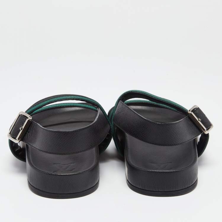 Pre Owned Louis Vuitton Black/Green Leather and Canvas Mirabeau Flat Sandals Size 41