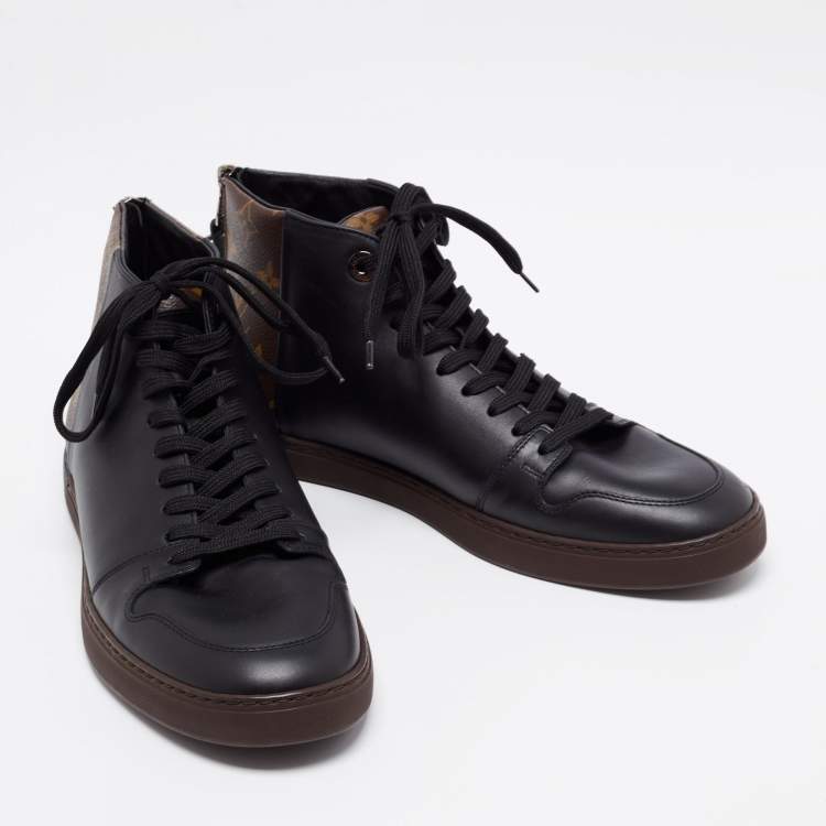 Pre Owned Louis Vuitton Black/Brown Leather and Monogram Canvas Line Up High-Top Sneakers Size 39.5