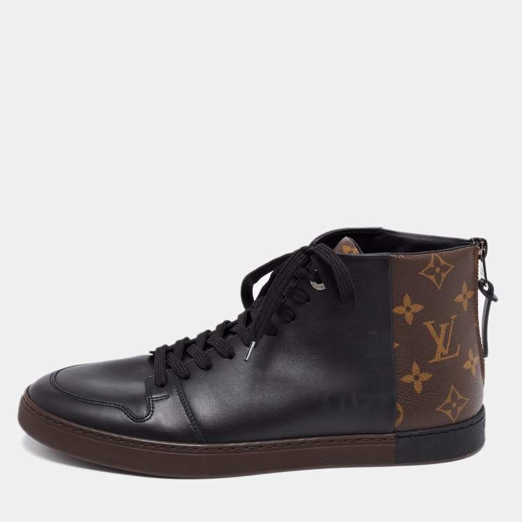 Pre Owned Louis Vuitton Black/Brown Leather and Monogram Canvas Line Up High-Top Sneakers Size 39.5