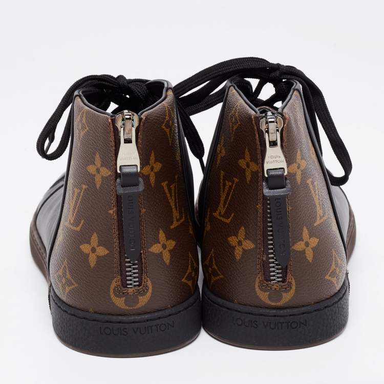 Pre Owned Louis Vuitton Black/Brown Leather and Monogram Canvas Line Up High-Top Sneakers Size 39.5