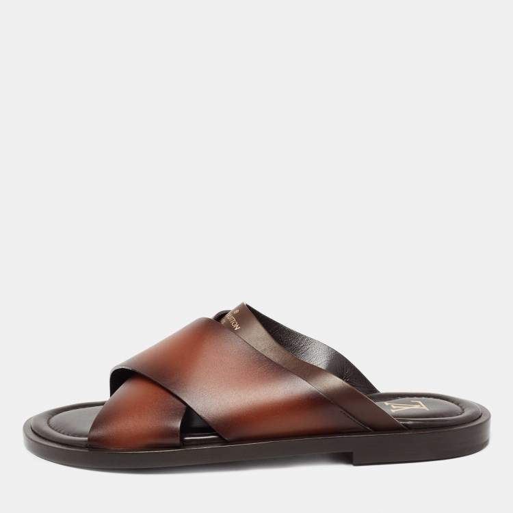 Pre Owned Louis Vuitton Brown Two-Tone Leather Foch Cross Strap Flat Slide Sandals Size 41