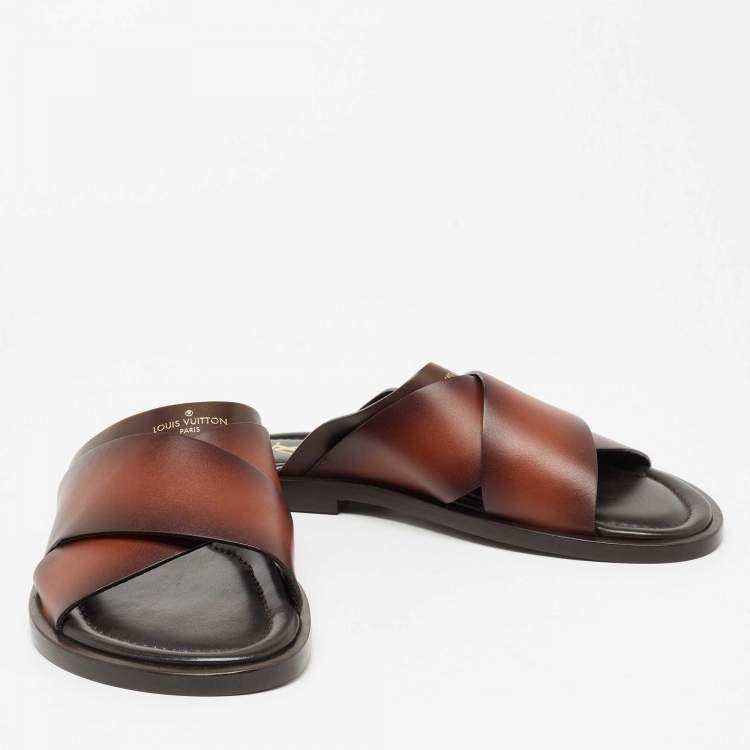 Pre Owned Louis Vuitton Brown Two-Tone Leather Foch Cross Strap Flat Slide Sandals Size 41