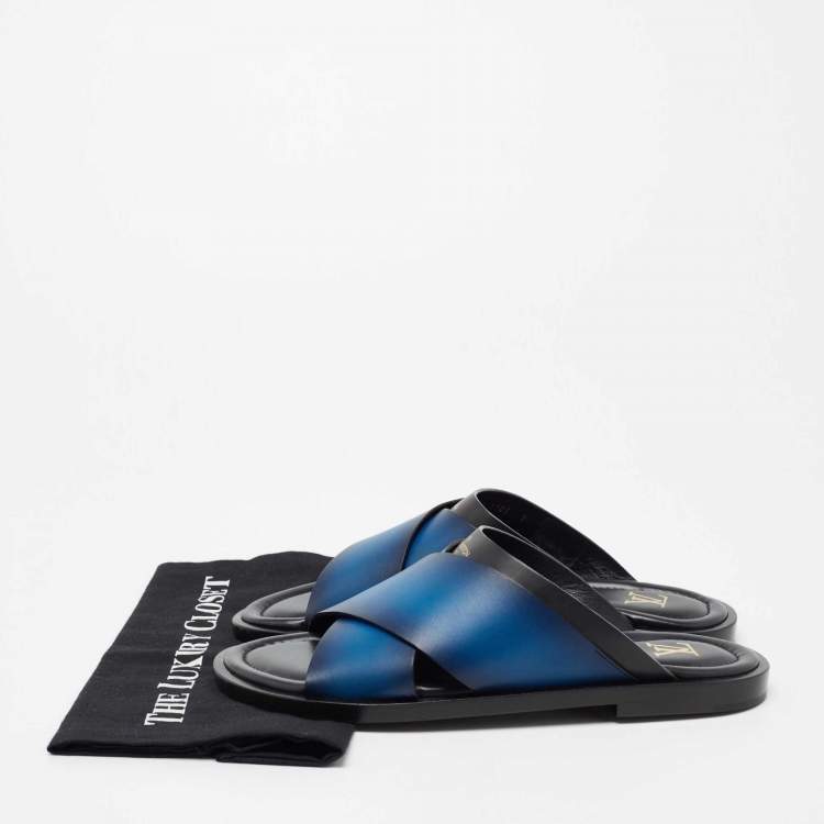 Pre Owned Louis Vuitton Blue Two-Tone Leather Foch Cross Strap Flat Slide Sandals Size 41