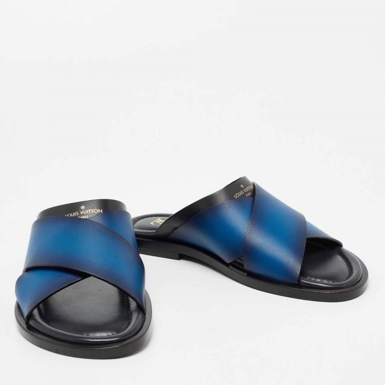 Pre Owned Louis Vuitton Blue Two-Tone Leather Foch Cross Strap Flat Slide Sandals Size 41