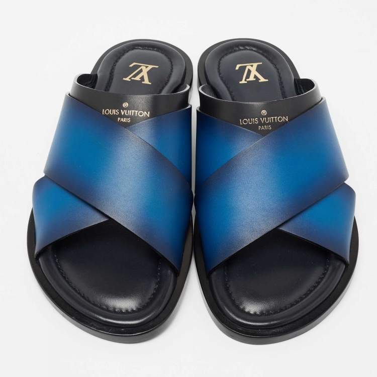 Pre Owned Louis Vuitton Blue Two-Tone Leather Foch Cross Strap Flat Slide Sandals Size 41