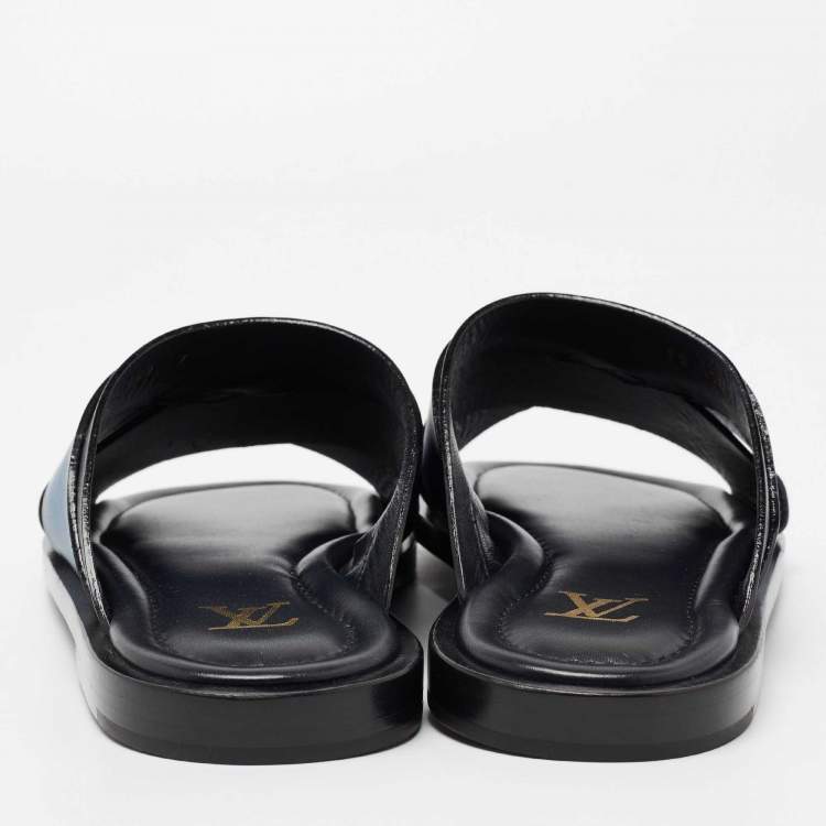 Pre Owned Louis Vuitton Blue Two-Tone Leather Foch Cross Strap Flat Slide Sandals Size 41