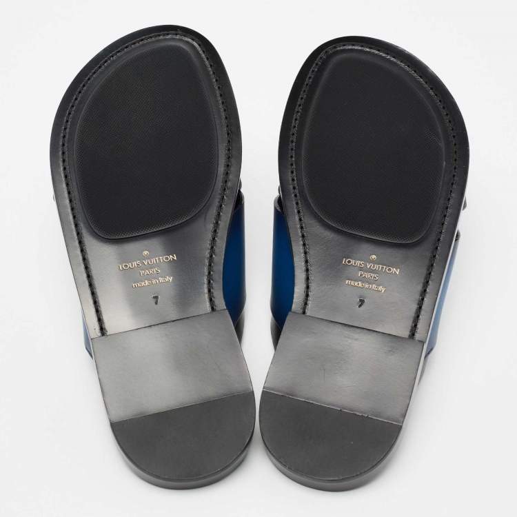 Pre Owned Louis Vuitton Blue Two-Tone Leather Foch Cross Strap Flat Slide Sandals Size 41