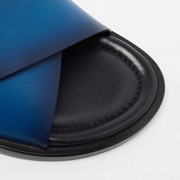 Pre Owned Louis Vuitton Blue Two-Tone Leather Foch Cross Strap Flat Slide Sandals Size 41