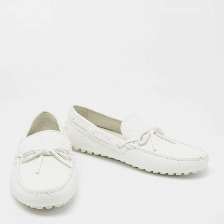 Pre Owned Louis Vuitton White Monogram Leather Arizona Moccasin Slip On Loafers Size 42