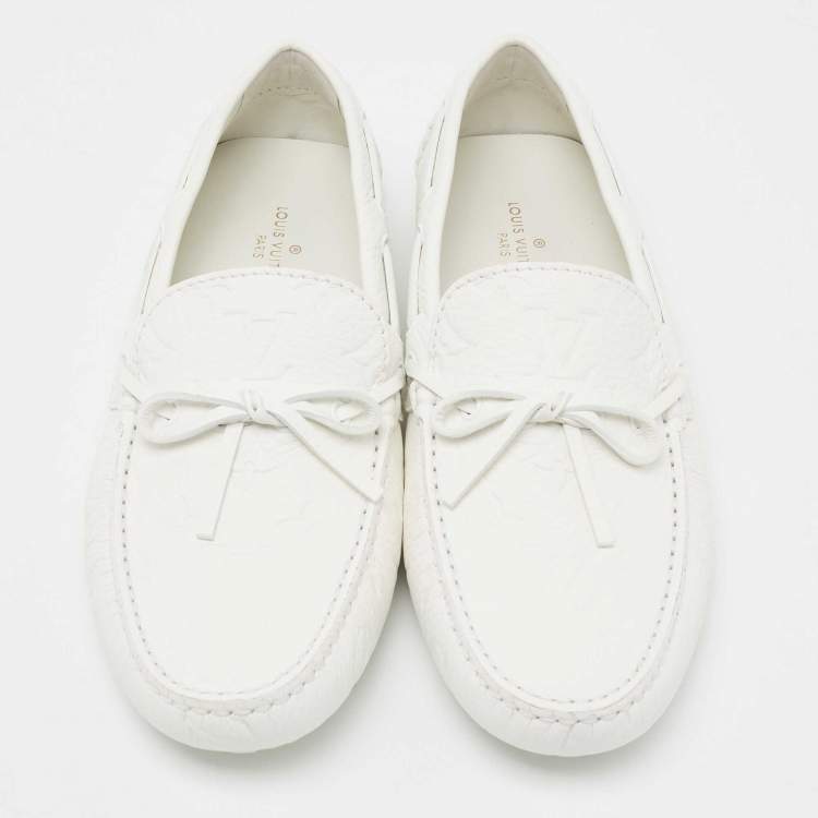 Pre Owned Louis Vuitton White Monogram Leather Arizona Moccasin Slip On Loafers Size 42