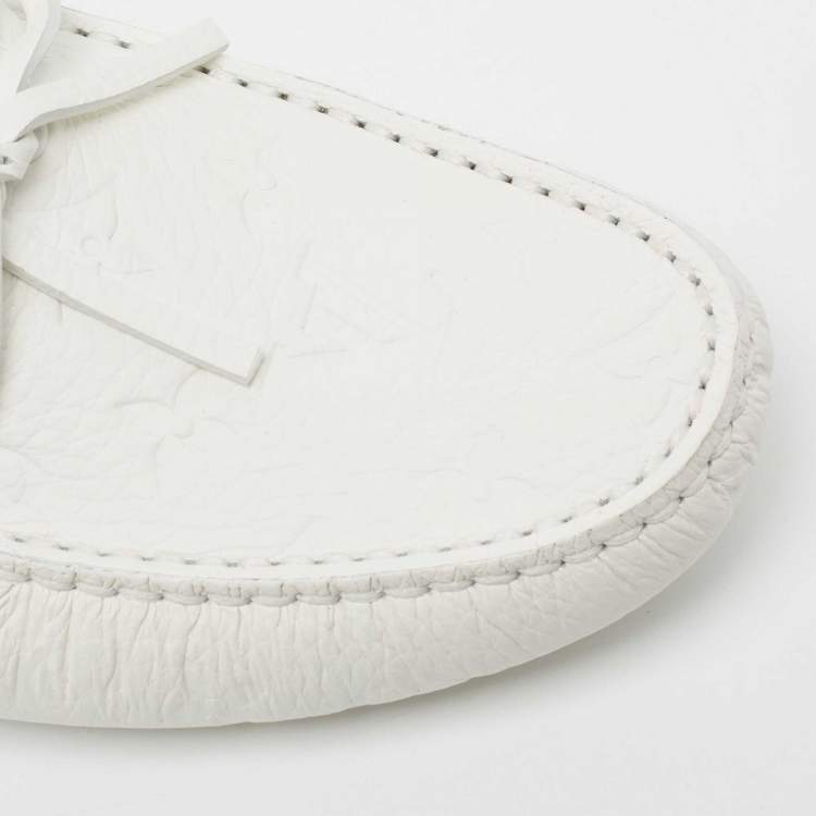 Pre Owned Louis Vuitton White Monogram Leather Arizona Moccasin Slip On Loafers Size 42