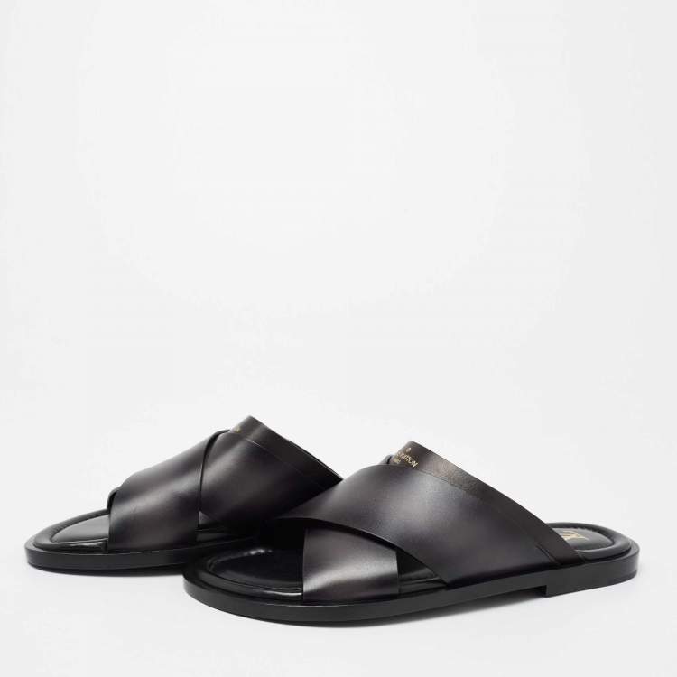 Pre Owned Louis Vuitton Grey/Black Two-Tone Leather Foch Cross Strap Flat Slide Sandals Size 42