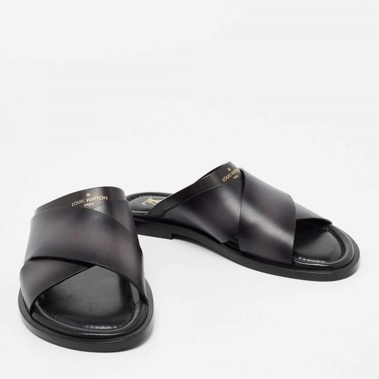 Pre Owned Louis Vuitton Grey/Black Two-Tone Leather Foch Cross Strap Flat Slide Sandals Size 42