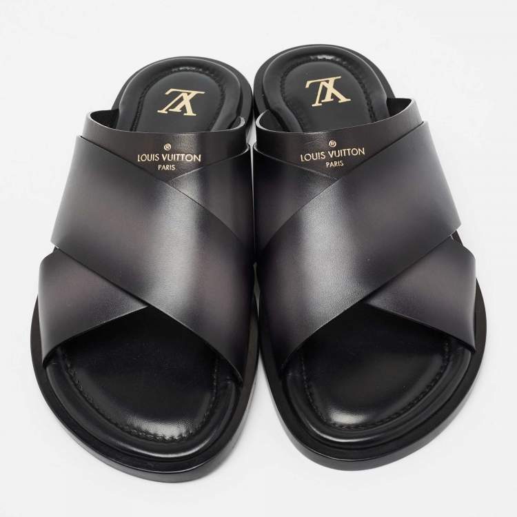 Pre Owned Louis Vuitton Grey/Black Two-Tone Leather Foch Cross Strap Flat Slide Sandals Size 42