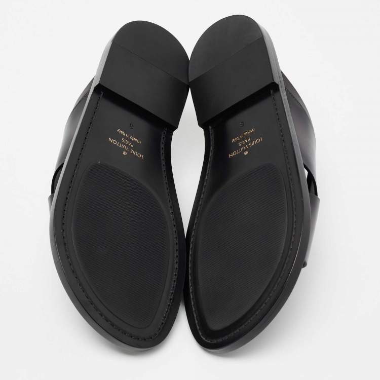 Pre Owned Louis Vuitton Grey/Black Two-Tone Leather Foch Cross Strap Flat Slide Sandals Size 42