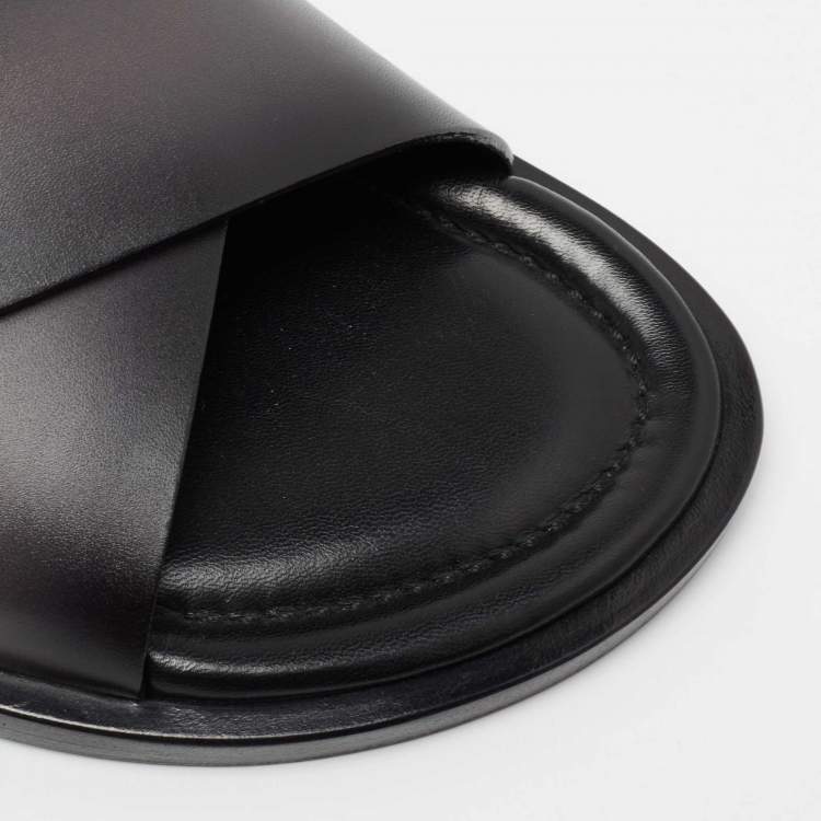 Pre Owned Louis Vuitton Grey/Black Two-Tone Leather Foch Cross Strap Flat Slide Sandals Size 42
