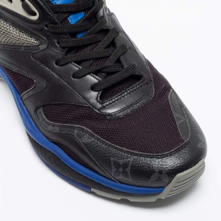 Pre Owned Louis Vuitton Black/Blue Leather, Mesh and Monogram Canvas Low-Top Sneakers Size 41