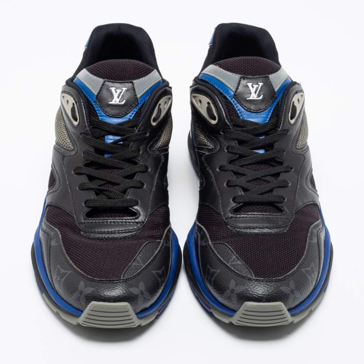 Pre Owned Louis Vuitton Black/Blue Leather, Mesh and Monogram Canvas Low-Top Sneakers Size 41