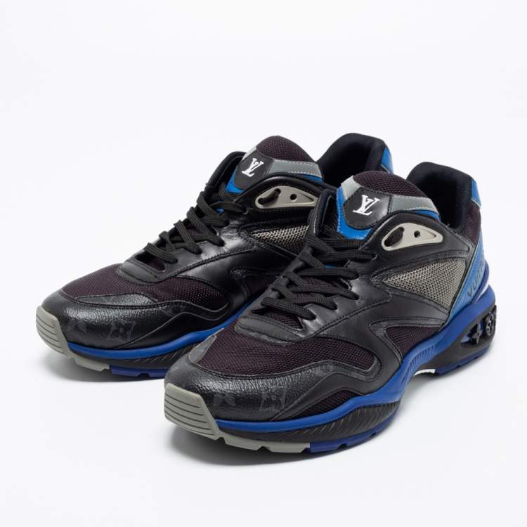 Pre Owned Louis Vuitton Black/Blue Leather, Mesh and Monogram Canvas Low-Top Sneakers Size 41