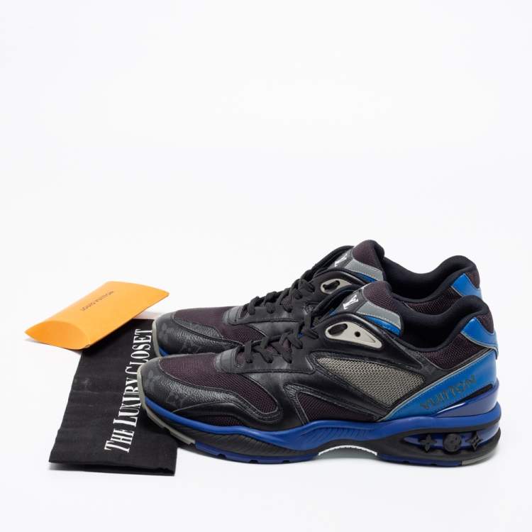 Pre Owned Louis Vuitton Black/Blue Leather, Mesh and Monogram Canvas Low-Top Sneakers Size 41