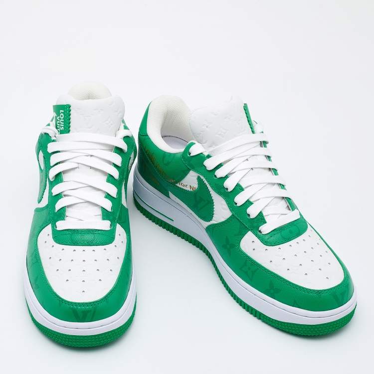 Pre Owned Louis Vuitton X Nike By Virgil Abloh Green/White Monogram Embossed Leather Nike Air Force 1 Low Top Sneakers Size US 6.5
