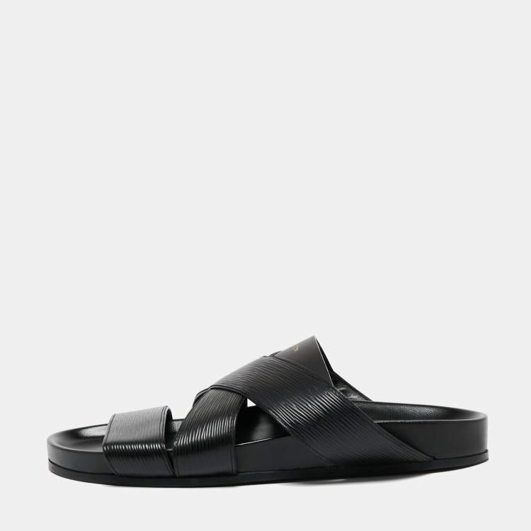 Pre Owned Louis Vuitton Black Epi Leather Cross Strap Flat Slides Size 41.5