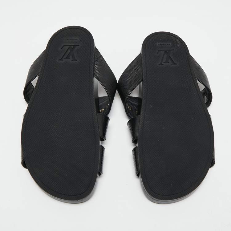 Pre Owned Louis Vuitton Black Epi Leather Cross Strap Flat Slides Size 41.5