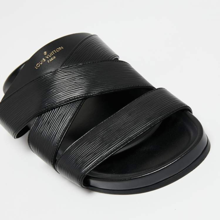 Pre Owned Louis Vuitton Black Epi Leather Cross Strap Flat Slides Size 41.5