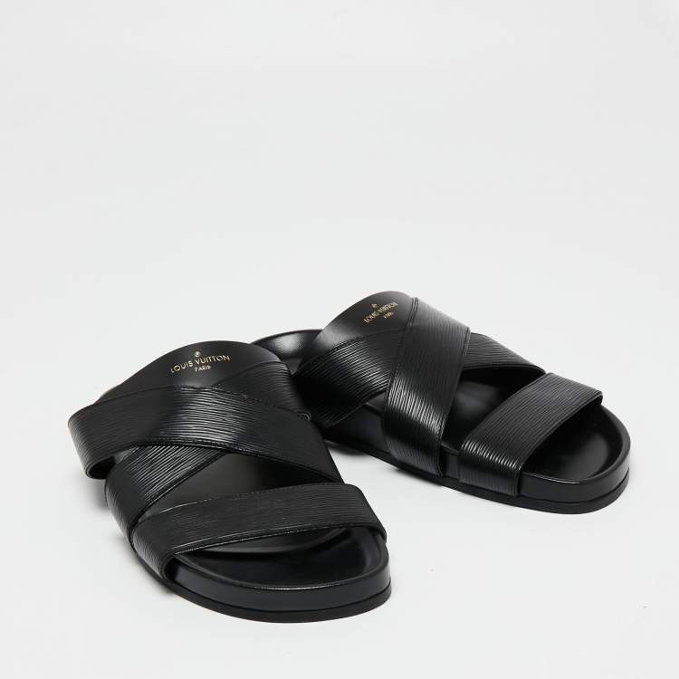 Pre Owned Louis Vuitton Black Epi Leather Cross Strap Flat Slides Size 41.5