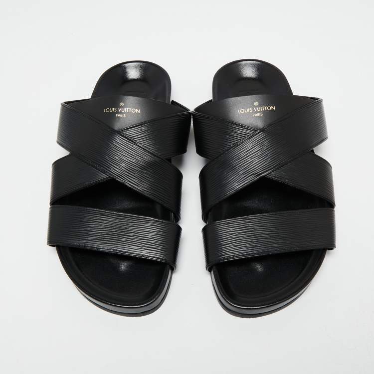 Pre Owned Louis Vuitton Black Epi Leather Cross Strap Flat Slides Size 41.5