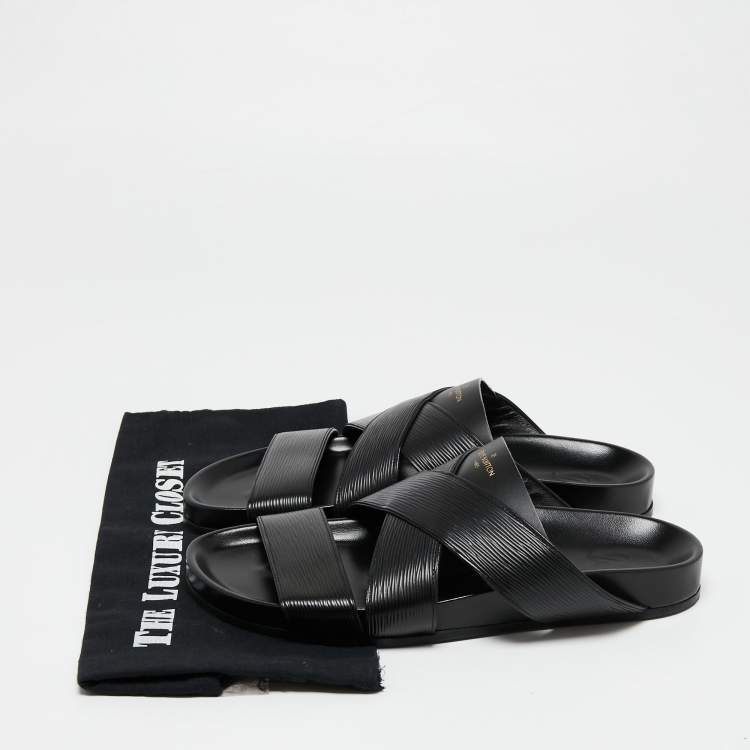 Pre Owned Louis Vuitton Black Epi Leather Cross Strap Flat Slides Size 41.5