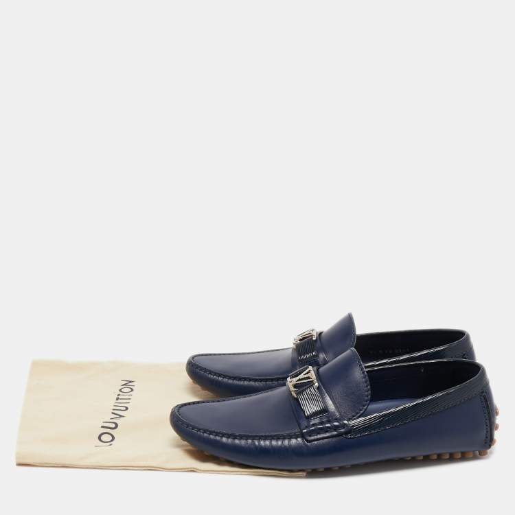 Pre Owned Louis Vuitton Navy Blue Leather Hockenheim Loafers Size 41.5