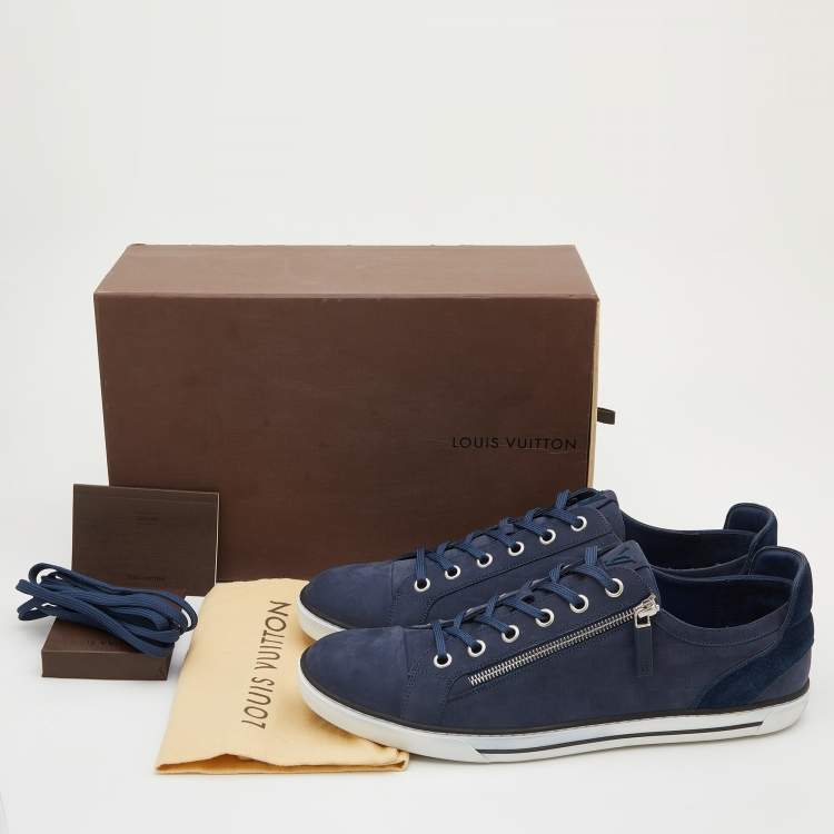 Pre Owned Louis Vuitton Blue Damier Nubuck Leather and Suede Adventure Sneakers Size 45.5