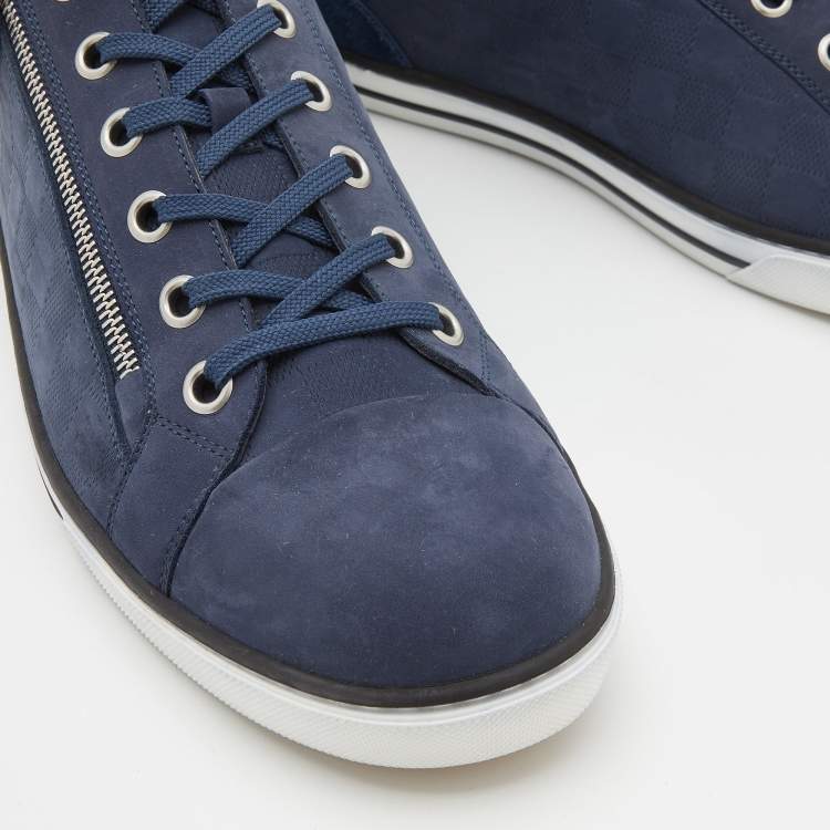 Pre Owned Louis Vuitton Blue Damier Nubuck Leather and Suede Adventure Sneakers Size 45.5